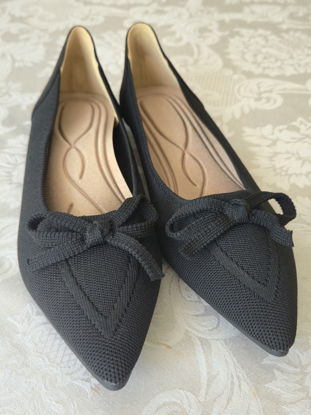 Women’s Black Pointed Knit Ballet Flats Bow Balletcore Office Size 41 Size 10